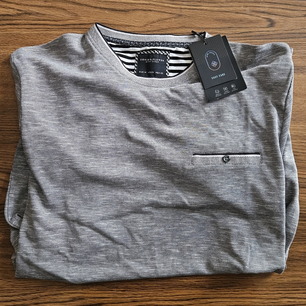Denim & Flower Men's Gray Long Sleeve Crew Shirt with Chest Pocket